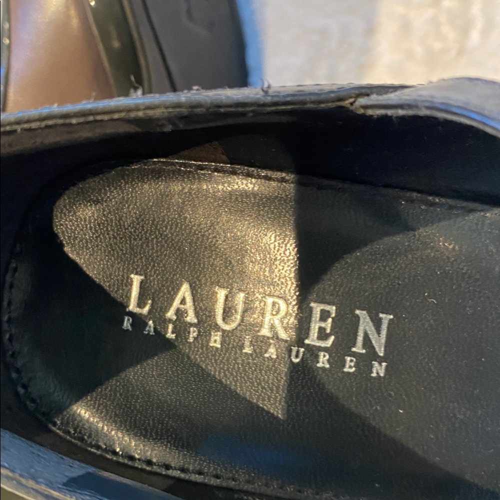 Lauren Ralph Lauren Mary Jane taupe leather gray patent platform heels Sz 8.5 - Picture 5 of 9